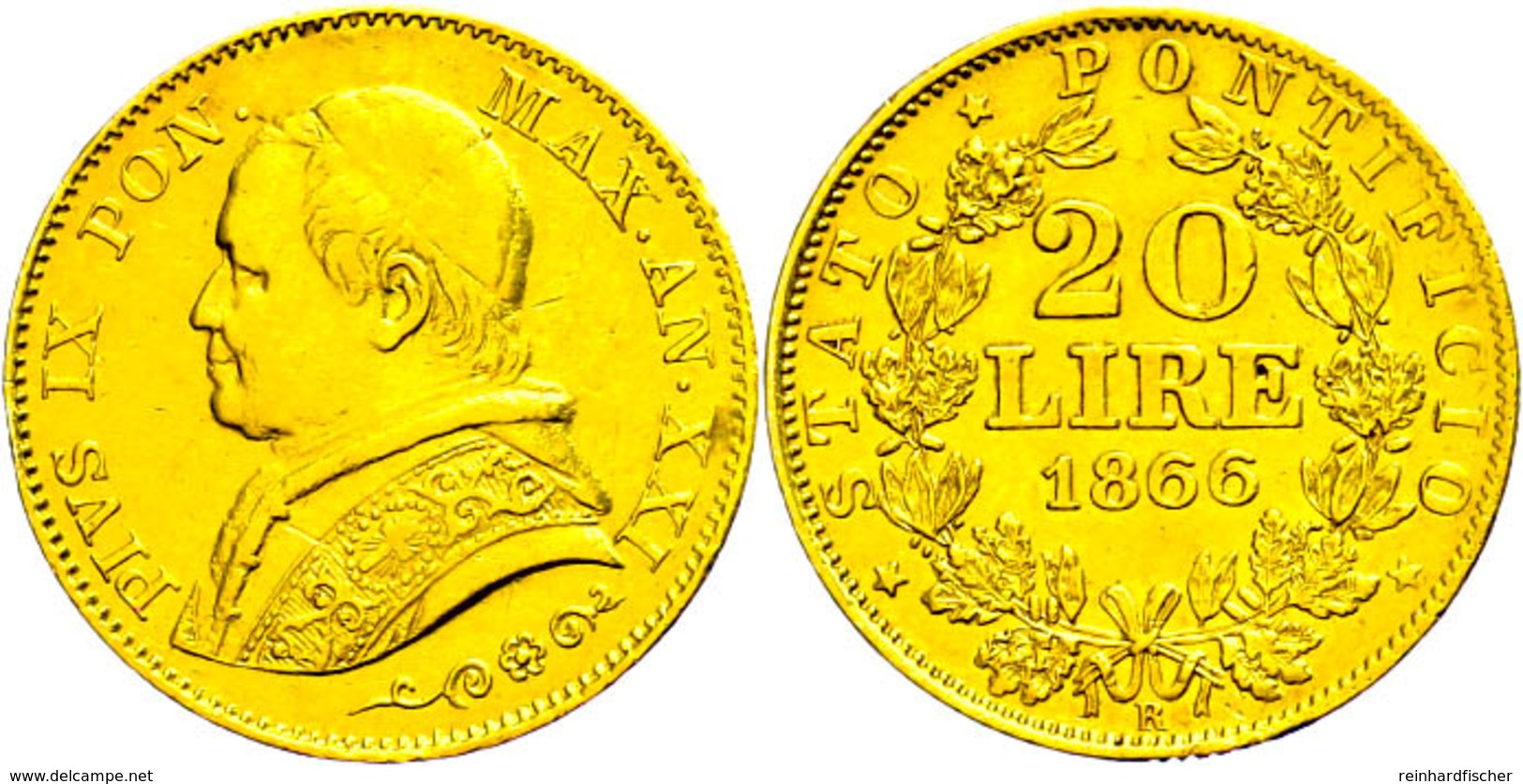 20 Lire, Gold, 1866, Pius IX., Fb. 280, Hsp., Ss.  Ss - Unclassified