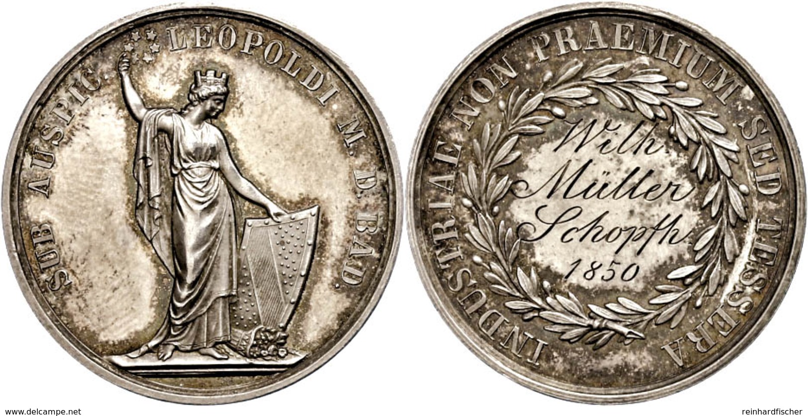 Baden, Silbermedaille (8,93g, Durchmesser Ca. 29mm), 1850, Von L. Kachel, Prämie Für Die Quinta, Quarta Und Untertertia. - Altri & Non Classificati