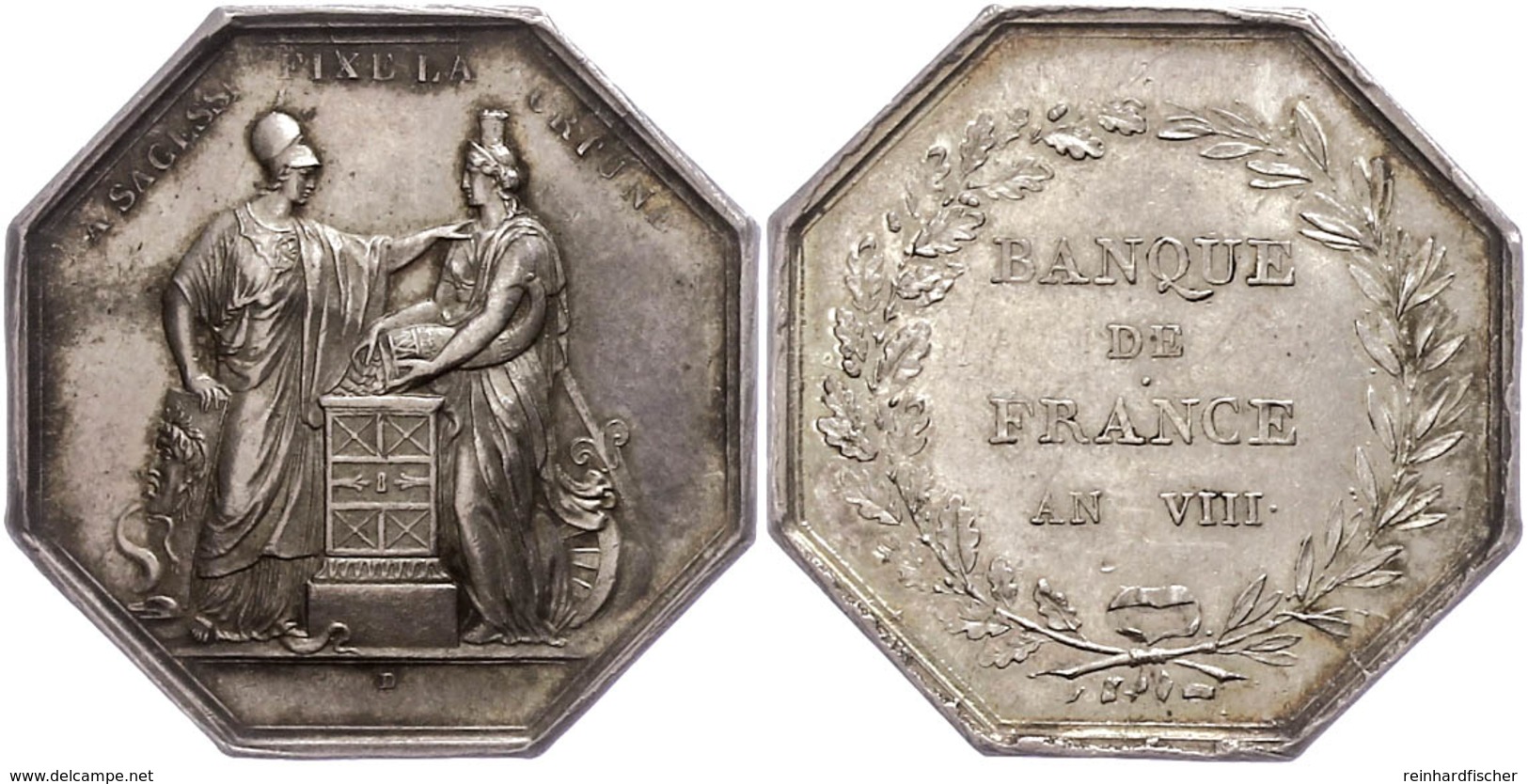 Frankreich, Oktogonales Silberjeton (ca. 36,20x36,10mm, Ca. 23,84g), 1800,  Von Dumarest, Banque De France. Av: Minerva  - Autres & Non Classés