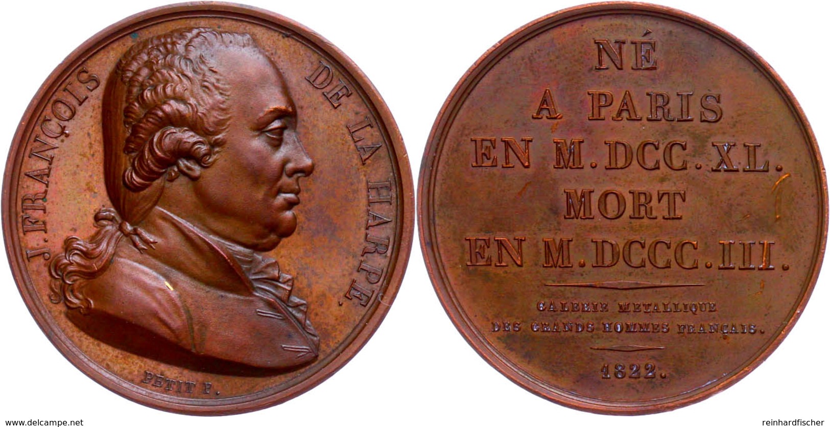 Frankreich, Bronzemedaille (Dm. 41,1 Mm, 39 G), 1822, Von F. Petit, Auf Francois De La Harpe, Av: Kopf Nach Rechts, Rev: - Sonstige & Ohne Zuordnung