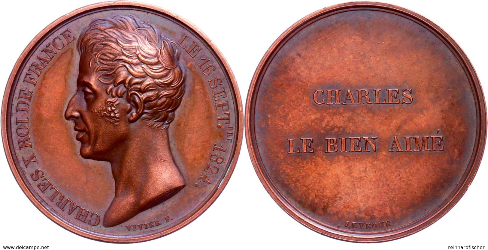 Frankreich, Charles X., Bronzemedaille (Dm. 41 Mm, 37 G), 1824, Von Vivier Und Leveque, Auf Seinen Regierungsantritt, Av - Autres & Non Classés