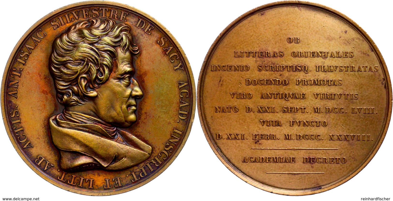 Frankreich, Bronzemedaille (Dm. 60 Mm, 110 G), 1838, Von F. Depaulis, Auf Antoine Isaac Silvestre De Sacy, Av: Brustbild - Sonstige & Ohne Zuordnung