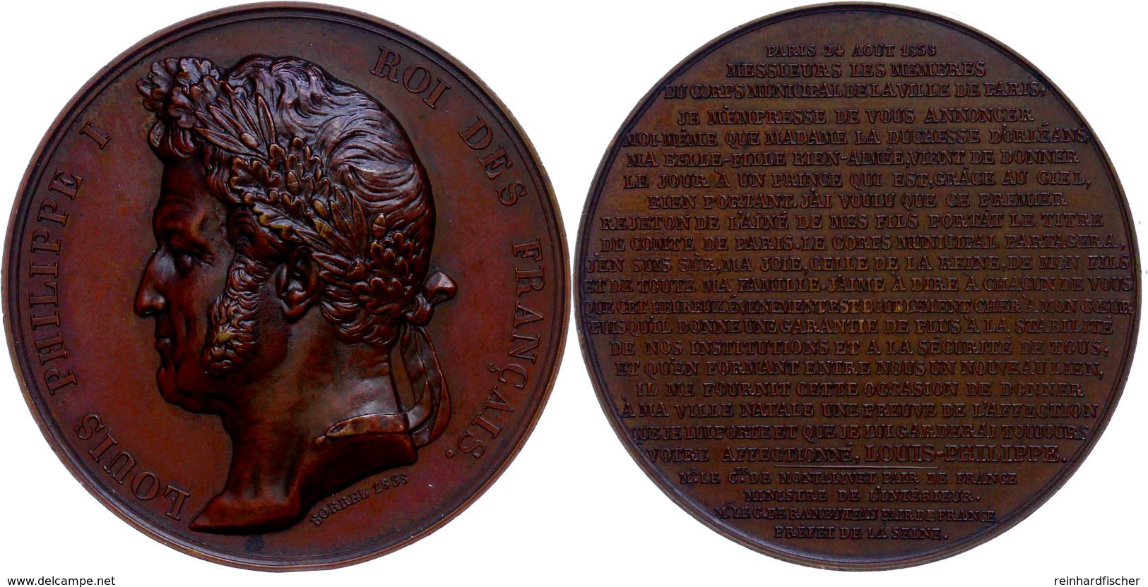 Frankreich, Louis Philippe I., Bronzemedaille (Dm. 51 Mm, 65 G), 1838, Von Borrel, Auf Die Geburt Des Grafen, Av: Kopf N - Other & Unclassified