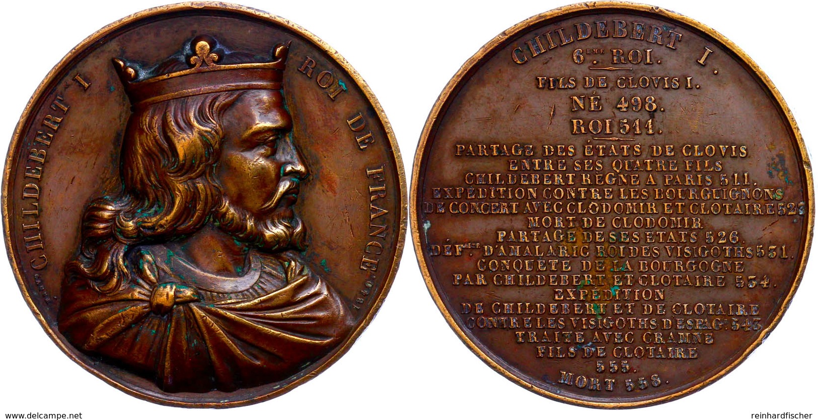 Frankreich, Bronzemedaille (Dm. 51,6 Mm, 60,5 G), 1840, Von Caque, Auf Childebert I., Av: Brustbild Nach Rechts, Rev: Sc - Altri & Non Classificati
