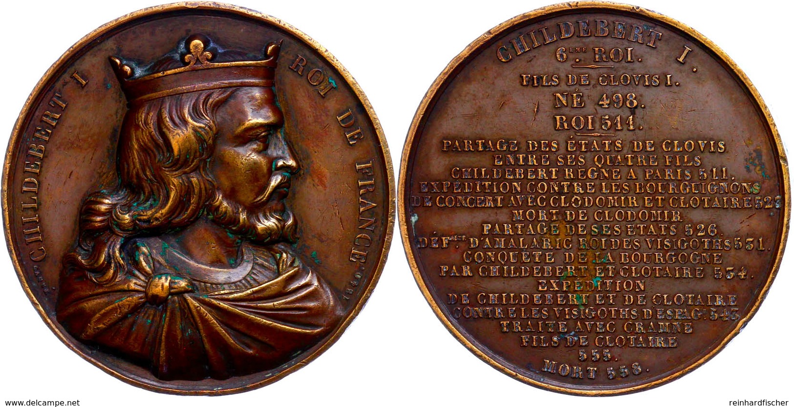 Frankreich, Bronzemedaille (Dm. 51,6 Mm, 60,5 G), 1840, Von Caque, Auf Childebert I., Av: Brustbild Nach Rechts, Rev: Sc - Sonstige & Ohne Zuordnung