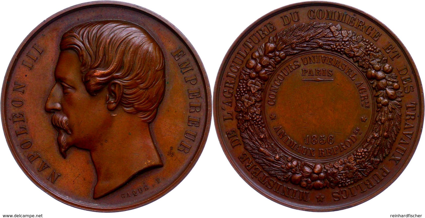 Frankreich, Napoleon III., Bronzemedaille (Dm. 50,3 Mm, 62 G), 1856, Von Caque, Prämienmedaille Des Landwirtschaftsminis - Autres & Non Classés