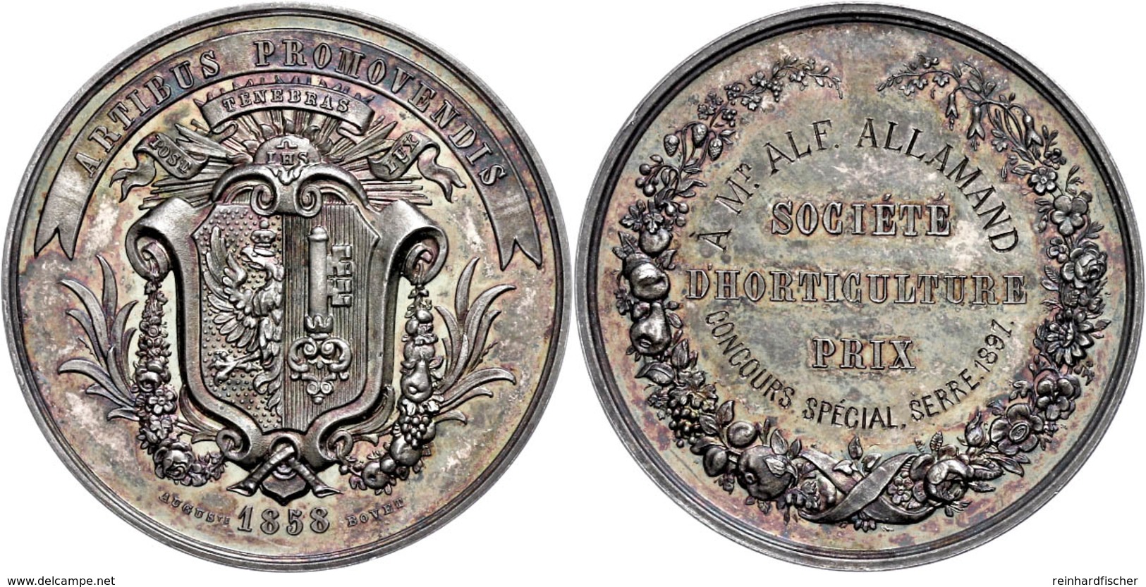 Schweiz, Genf, Silbermedaille (Dm. Ca. 37,50mm, Ca. 31,20g), 1858, Von Bovet. Av: Genfer Wappen, Darüber Schriftband, Da - Other & Unclassified