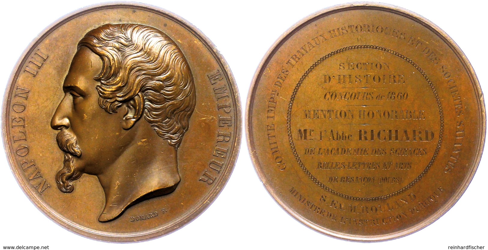 Frankreich, Napoleon III., Bronzemedaille (Dm. Ca. 68,90mm, Ca. 145,01g), 1860, Von F. Domard. Av: Kopf Nach Links, Daru - Autres & Non Classés