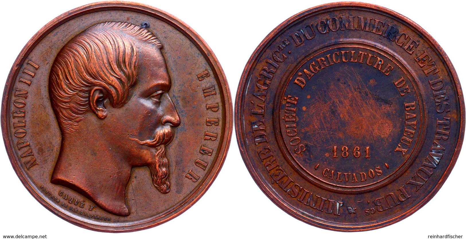 Frankreich, Kupfermedaille (Dm. 51,2 Mm, 59,3 G), 1861, Von Caque, Prämienmedaille Der Landwirtschaftskammer, Av: Kopf N - Other & Unclassified