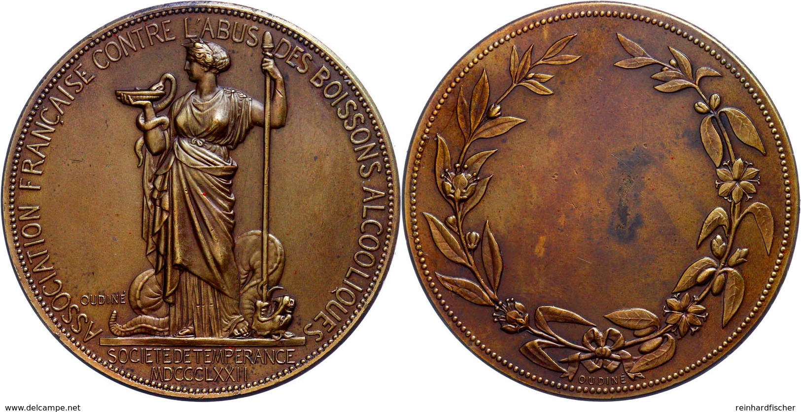 Frankreich, Bronzemedaille (Dm. 51 Mm, 65 G), 1872, Von Oudine, Gegen Alkoholmissbrauch, Av: Salus Stehend Füttert Schla - Other & Unclassified