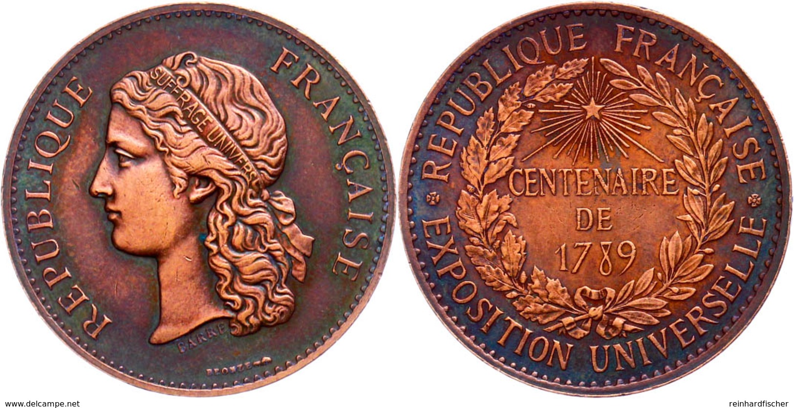 Frankreich, Bronzemedaille (Dm. 32 Mm, 18 G), 1889, Von Barre, Auf Die Universalausstellung Anlässlich Des 100. Jahresta - Altri & Non Classificati