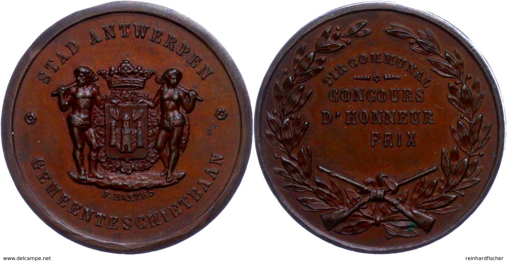 Belgien, Kupfermedaille (Dm 30mm, 9,75g), O.J. (um 1890), Von Baetes. Av. Wildes Paar Hält Gekrönten Stadtschild In Hopf - Sonstige & Ohne Zuordnung