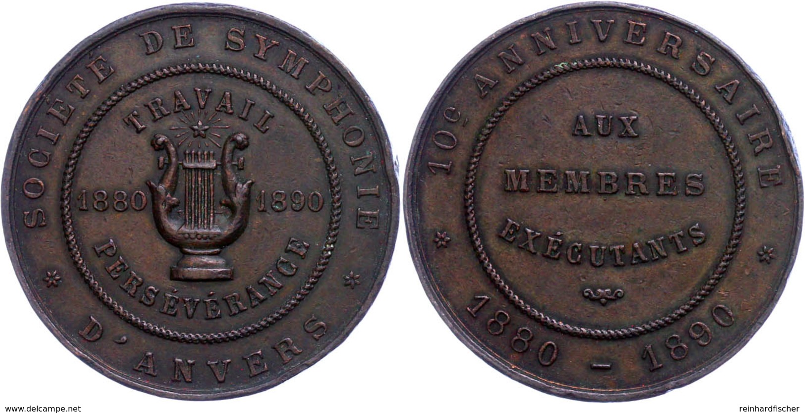 Belgien, Kupfermedaille (Dm 39mm, 28,05 G), 1890, Unsigniert. Zum 10 Jährigen Jubiläum Der Symphoniegesellschaft, Rf, Ss - Other & Unclassified