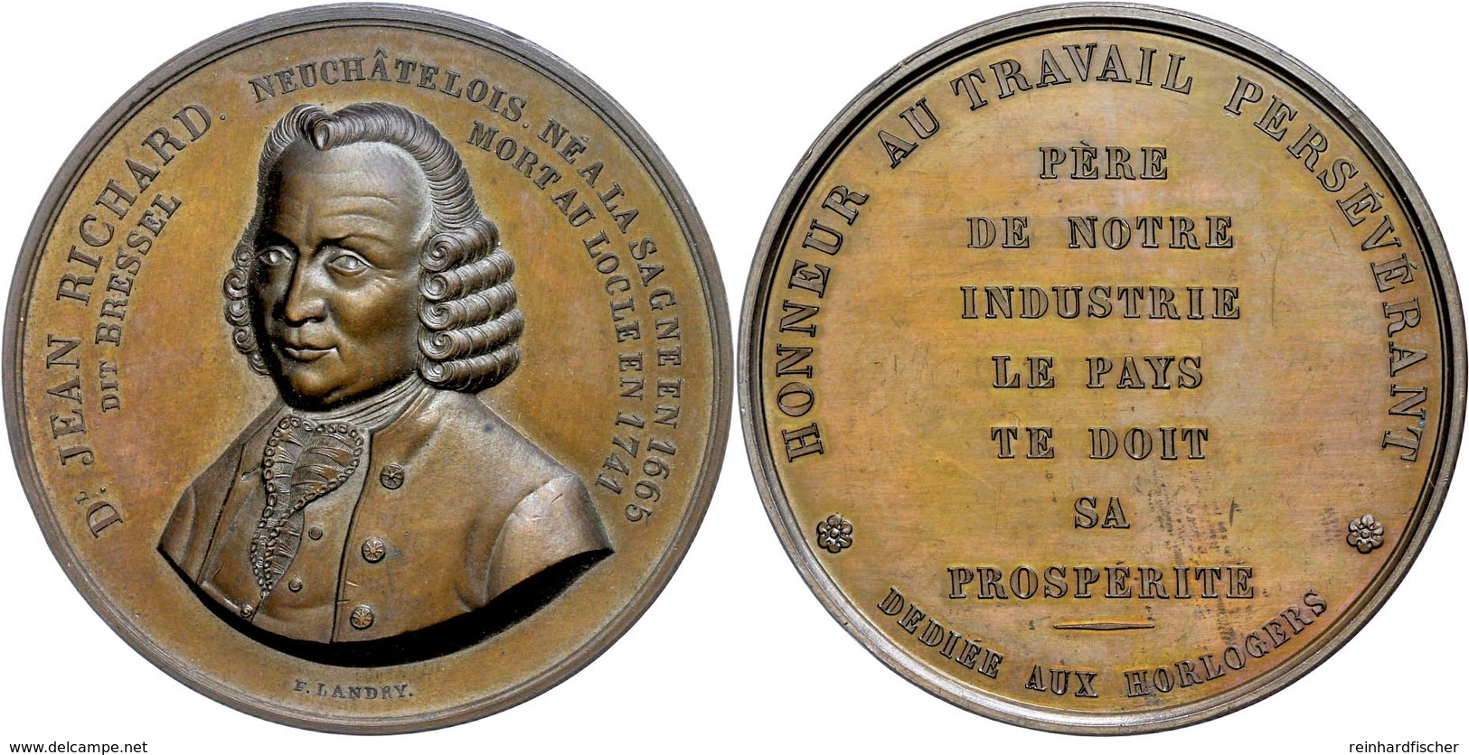 Schweiz, Bronzemedaille (Dm. Ca. 57,10mm, Ca. 103,77g), O.J., Von F. Landry, Auf Daniel Jeanrichard. Av: Brustbild Von V - Other & Unclassified