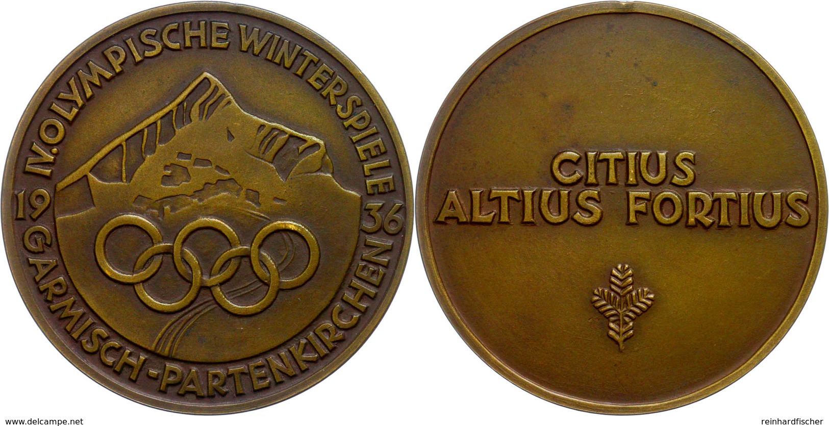 Bronzemedaille 1936, "IV. Olympische Winterspiele Garmisch-Patenkirchen", Av: Olympische Ringe Vor Berg, Rev: "Citius Al - Otros & Sin Clasificación
