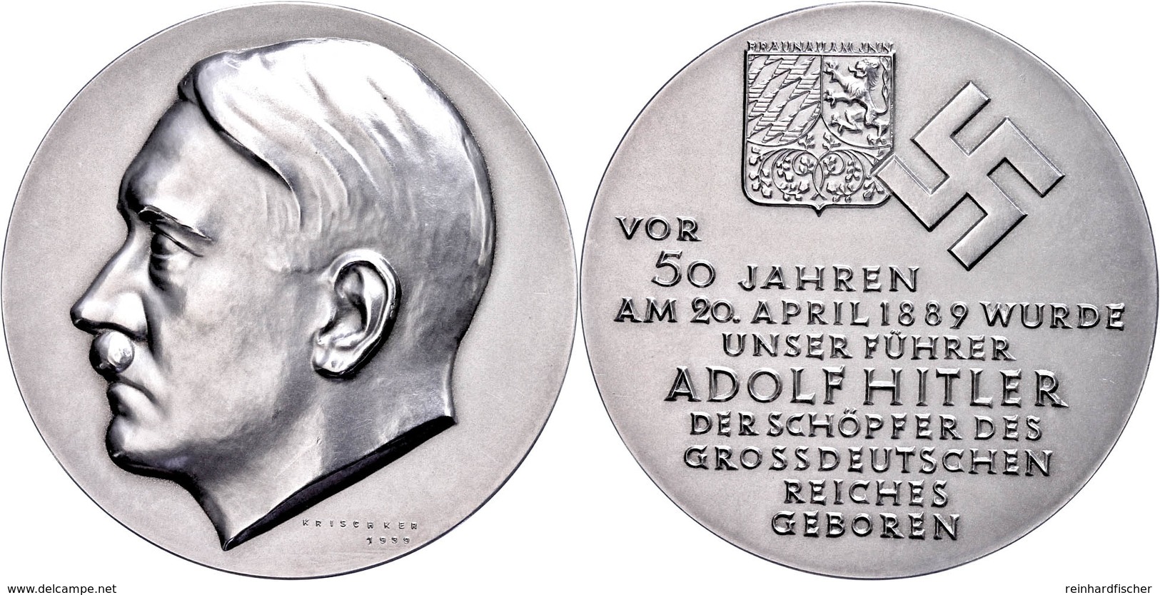 Silbermedaille (Dm. Ca. 60mm, Ca. 88,15g), 1939, Von Krischker, Auf Den 50. Geburtstag Von Adolf Hitler - Gestiftet Von  - Autres & Non Classés