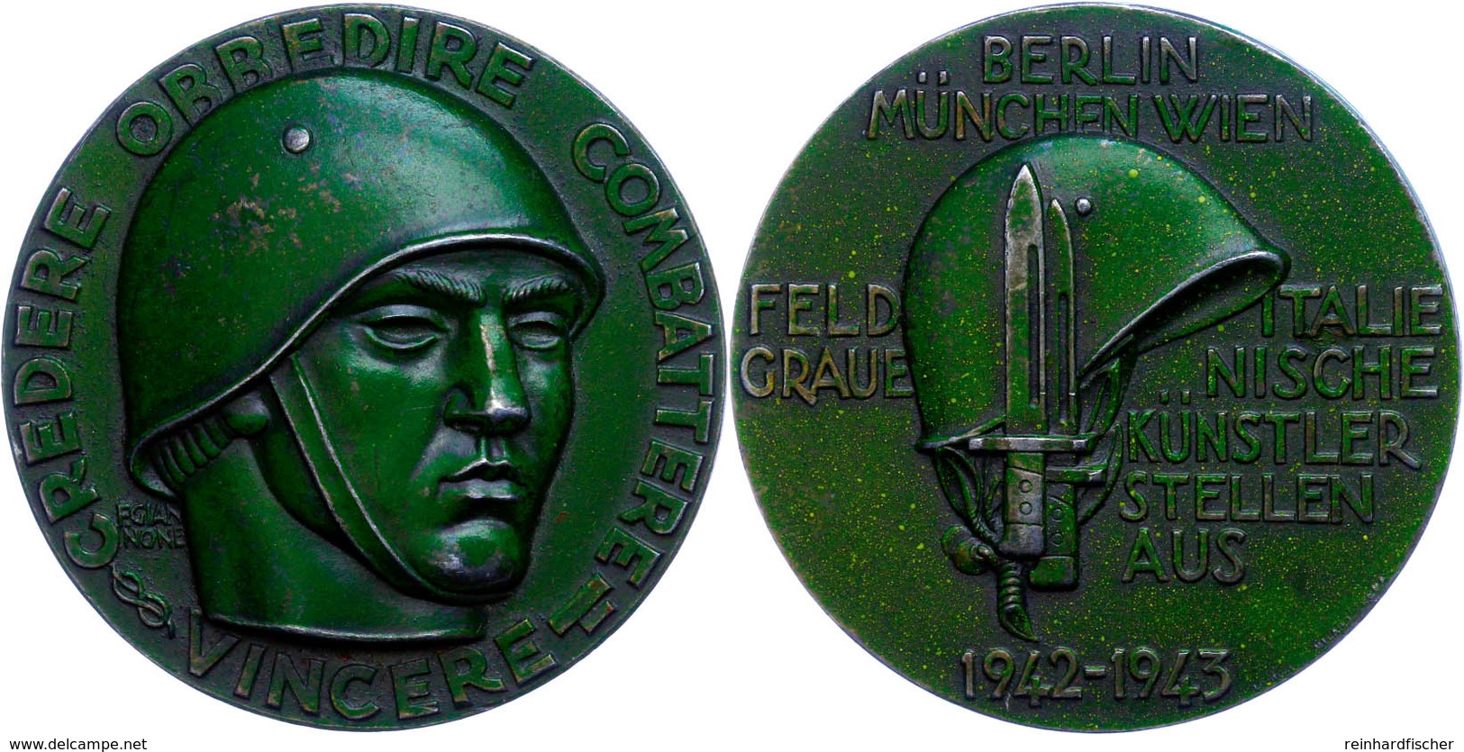 Berlin-München-Wien, Medaille Grün Lackiert, 1942-1943, Ausstellungsmedaille Von F. Giannone, Av: Soldatenkopf Nach Rech - Other & Unclassified