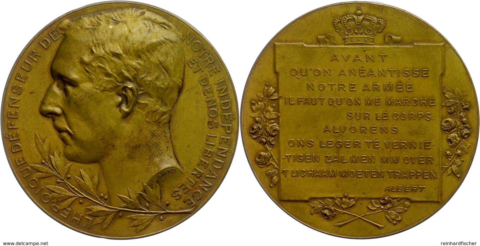 Belgien, Bronzemedaille (Dm 53mm, 57,40g), O.J., Von Baetes. Av: Kopf Von Albert I. Nach Links, Darunter Zweig, Darum Um - Sonstige & Ohne Zuordnung