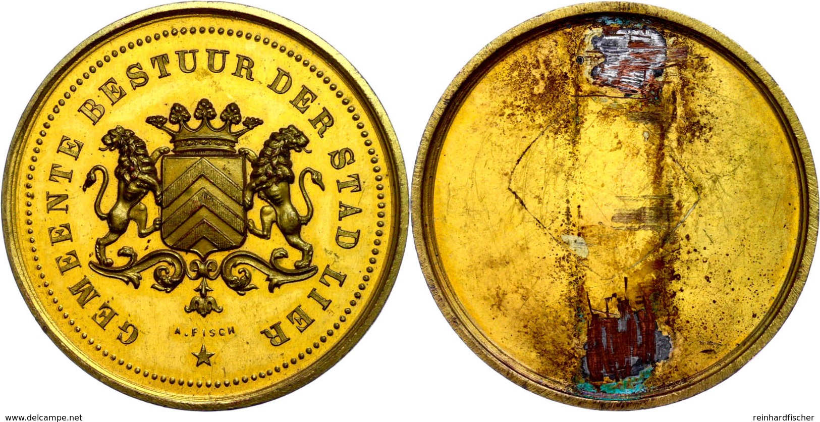 Niederlande, Einseitige Kupfermedaille Vergoldet (45mm, 27,80g), O. J., Von  A. Fisch. Gemeinde Bestuur Der Stad Lier,   - Sonstige & Ohne Zuordnung