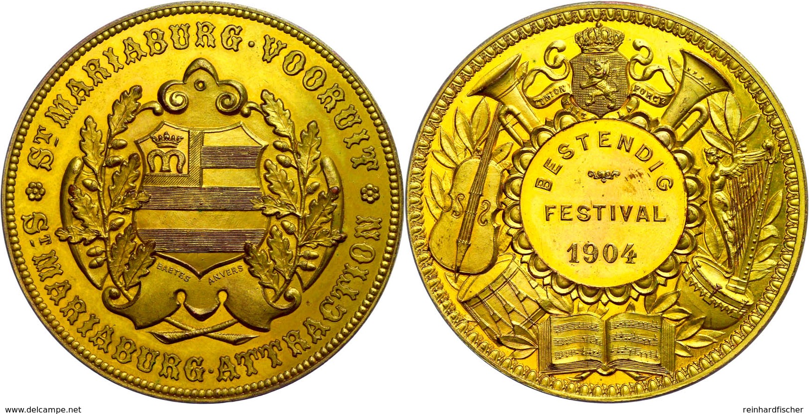 Belgien, Bronzemedaille Vergoldet (53mm, 78g), 1904, Von Baetes/Anvers. Zum Bestendig Festival 1904 - S. Mariaburg Attra - Other & Unclassified