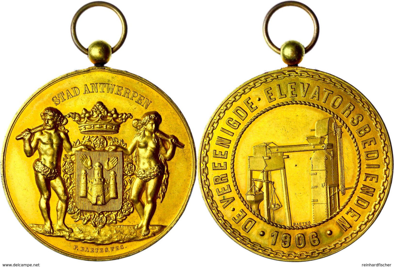 Belgien, Bronzemedaille Stad Antwerpen Vergoldet (53mm, 68,9g), 1906, Von Baetes. Rev. Umschrift De Vereenige Elevatorsb - Sonstige & Ohne Zuordnung