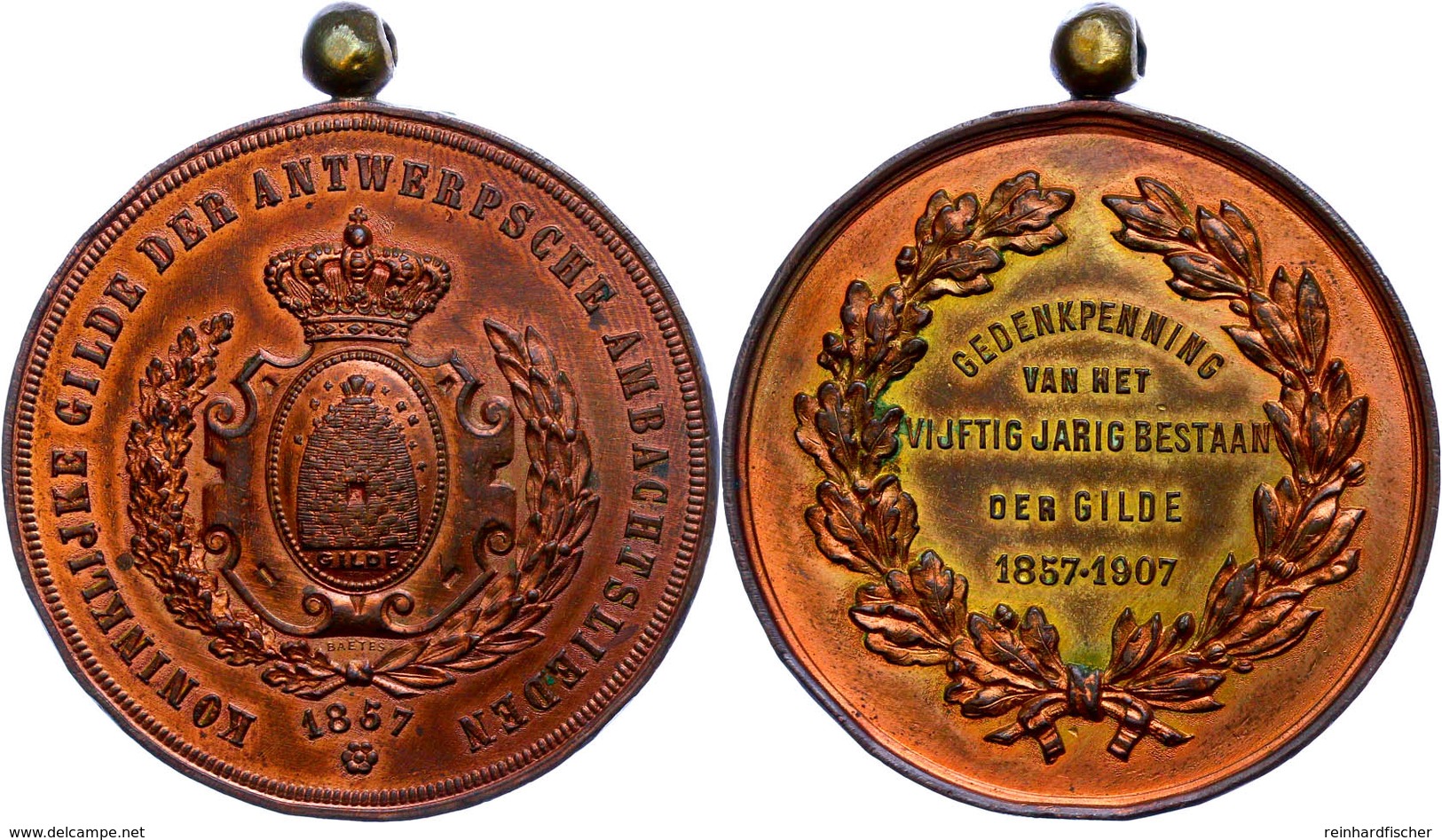 Belgien, Kupfermedaille (52mm, 66,30g), 1907, Von F. Baetes. Zum 50 Jährigen Bestehen Der Antwerpische Königliche Gilde  - Sonstige & Ohne Zuordnung