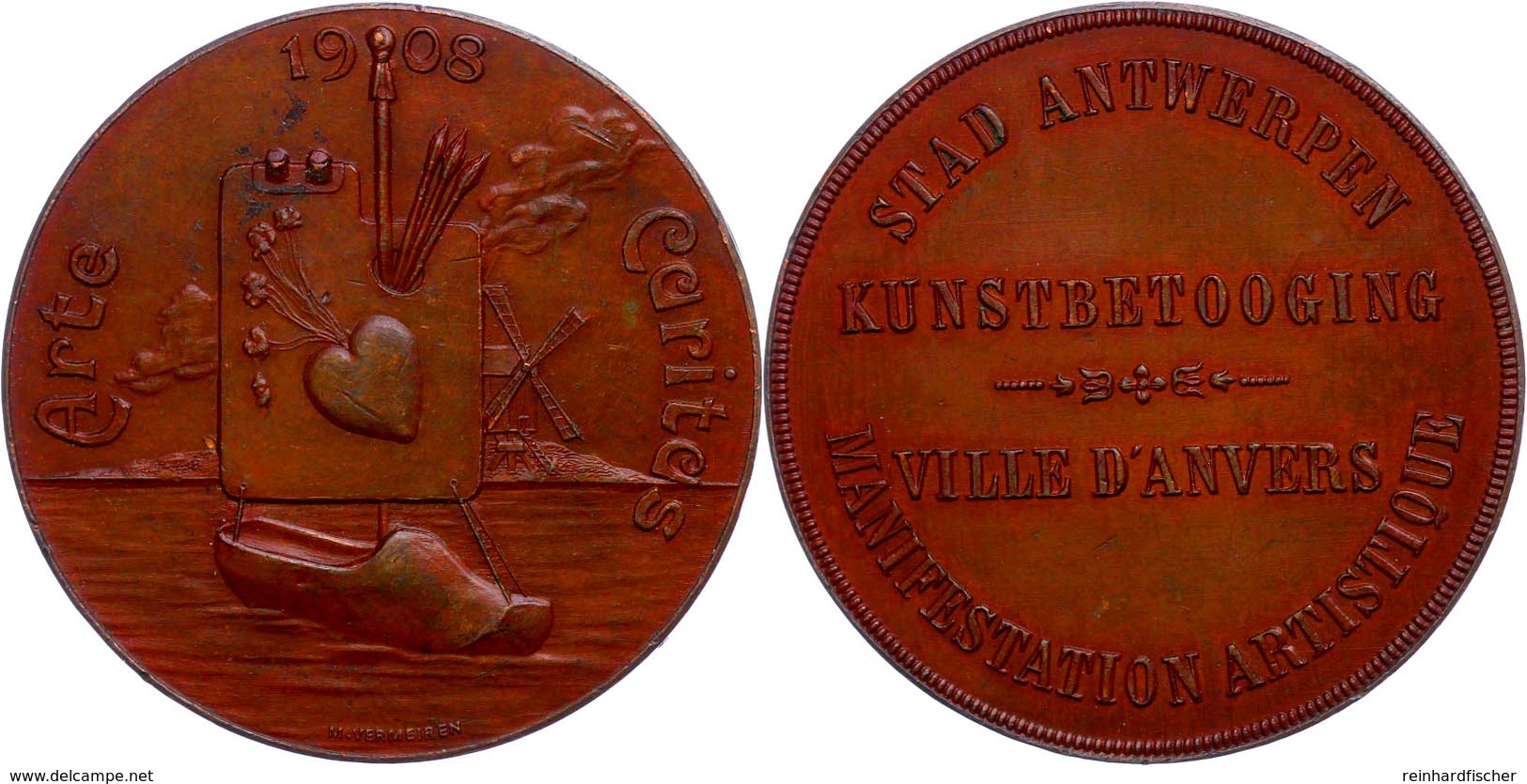 Belgien, Kupfermedaille Stad Antwerpen (Dm Ca. 49mm, 49,35g), 1908, Von M. Vermeiren. Rev. Stad Antverpen/ Kunstbetoogin - Autres & Non Classés