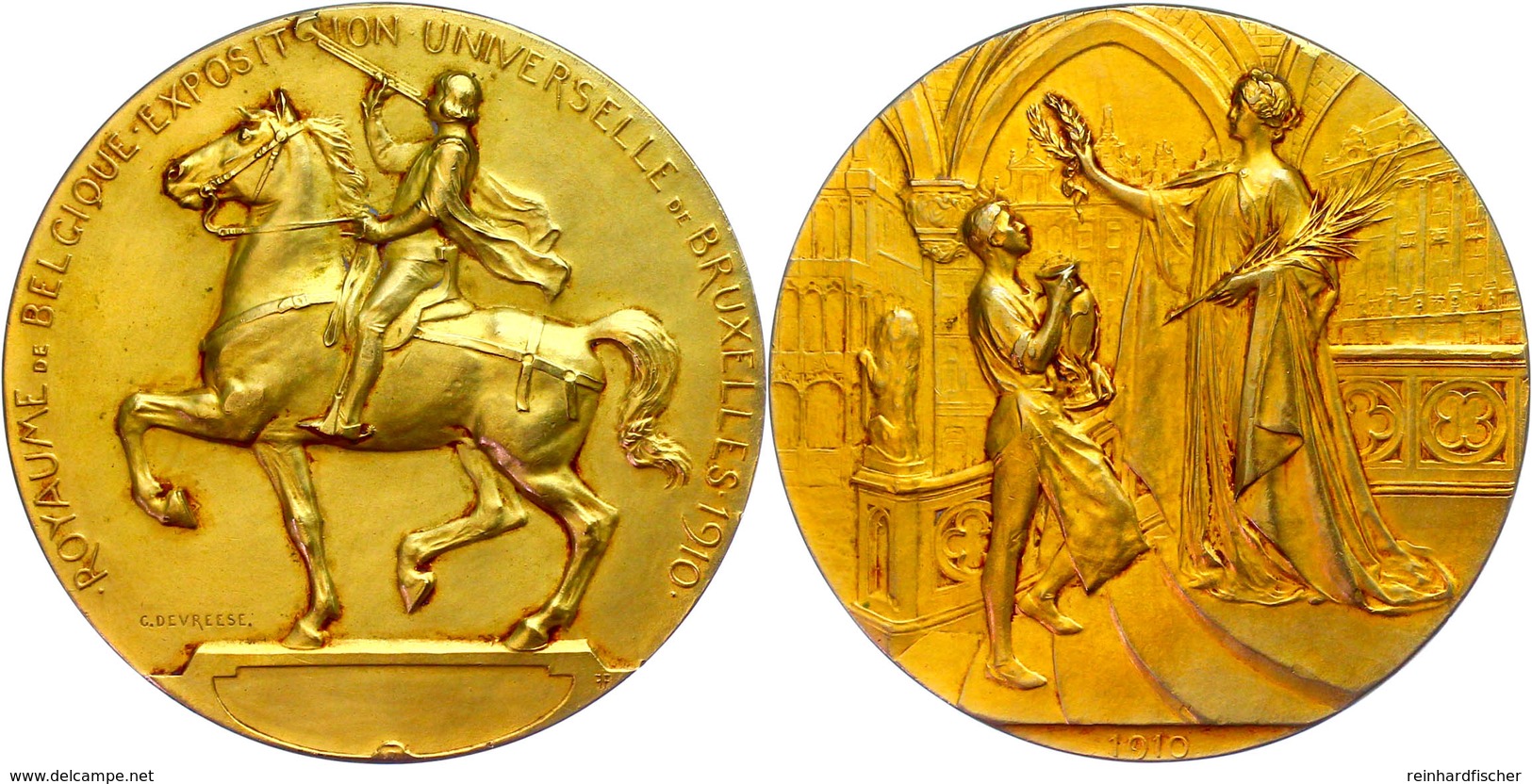 Belgien, Bronzemedaille Vergoldet (Dm. 70 Mm, 125 G), 1910, Von C. Devreese, Auf Die Weltausstellung In Brüssel, Av: Fra - Other & Unclassified