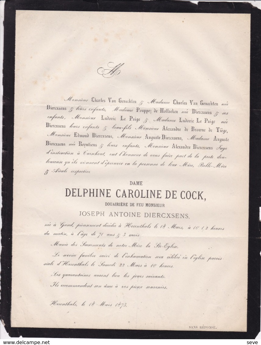 HERENTALS Delphine DE COCK Veuve Joseph Antoine DIERCXSENS 1873 71 Ans Famille POUPPEZ De HOLLAEKEN - Décès