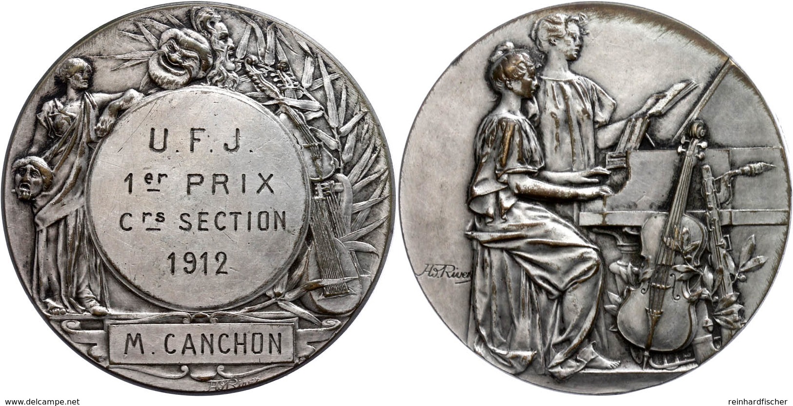 Belgien, Bronzemedaille Versilbert (Dm 49mm, 69,95g), 1912, Von Rivers. Av. Zwei Frauen Am Klavier, Rechts Musikinstrume - Sonstige & Ohne Zuordnung