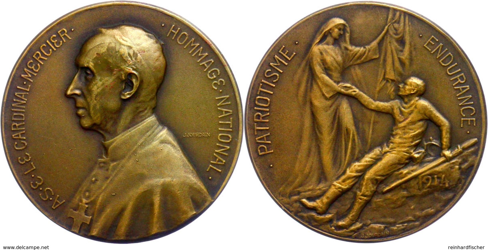 Frankreich, Bronzemedaille (Dm. 37 Mm, 19 G), 1914, Von J. Jourdain, Auf Kardinal Mercier, Av: Brustbild Nach Links, Rev - Sonstige & Ohne Zuordnung