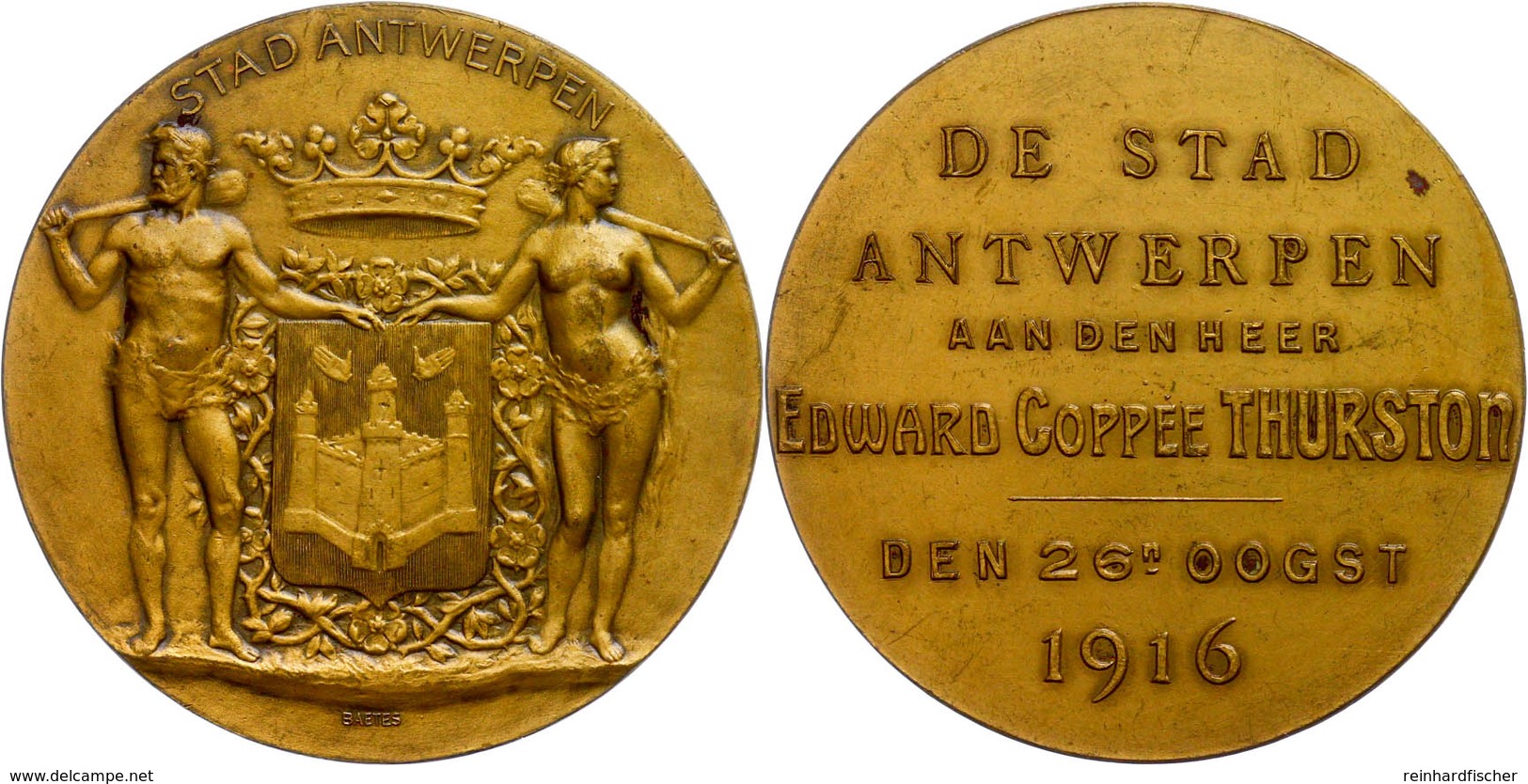 Belgien, Bronzemedaille Der Stadt Antwerpen (Dm Ca.53mm, 51,10g), 1916, Von Baetes. Rev. De Stad Antwerpen Aan Den Heer  - Autres & Non Classés