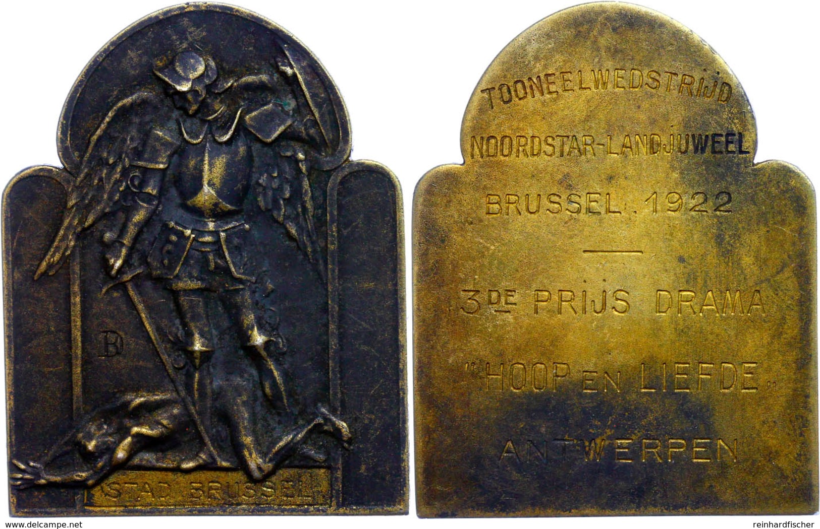 Belgien, Bronzeplakette (43x55 Mm, 52,20 G), 1922, Monogramm D.R. 3. Preis Auf Das Drama "Hoffnung Und Liebe" Antwerpen. - Altri & Non Classificati