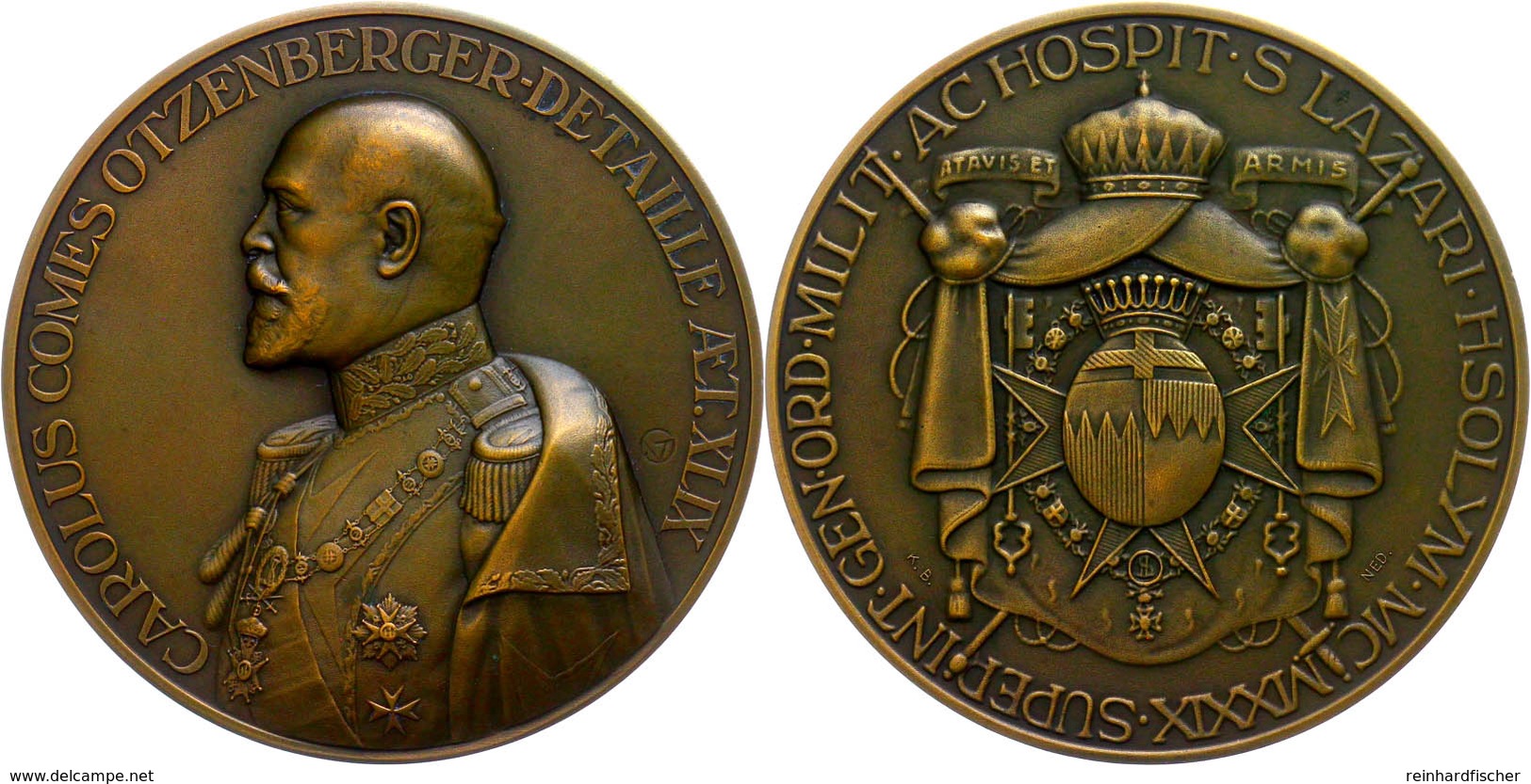 Malta, Bronzemedaille (Dm. 50 Mm, 47 G), 1929, K. B. NED, Auf Charles Otzenberger, Av: Brustbild Nach Links, Rev: Wappen - Autres & Non Classés