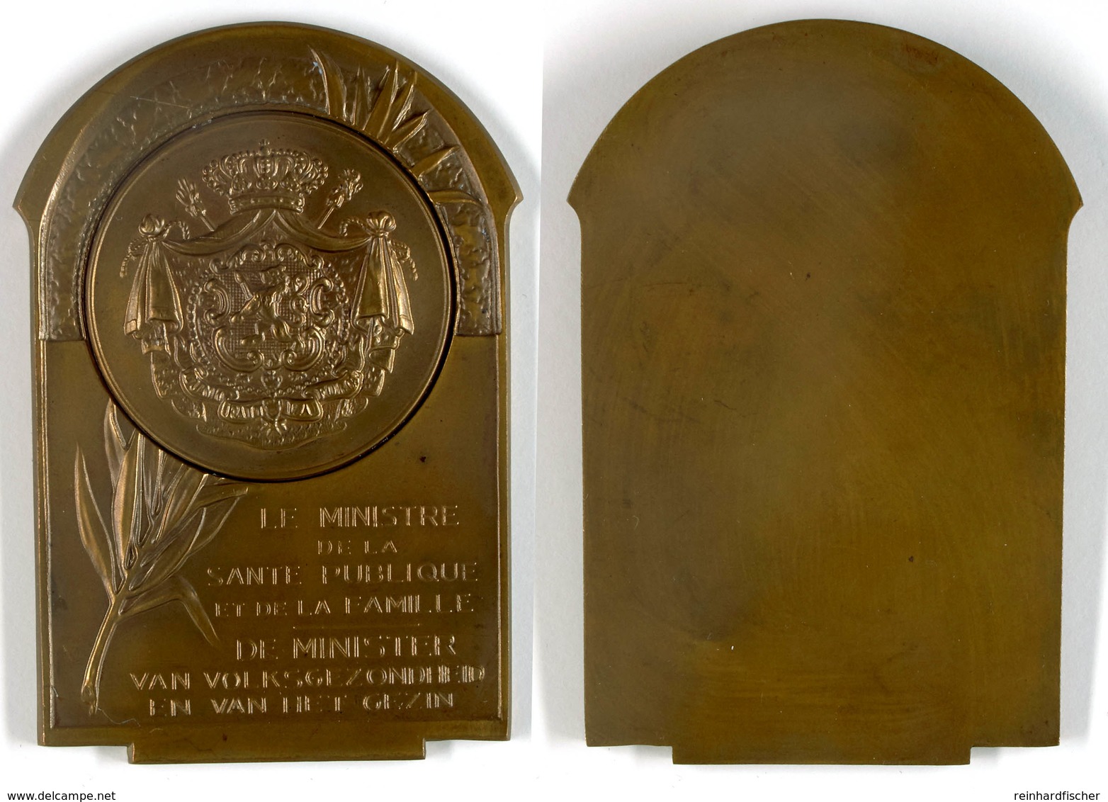Belgien, Bronzeplakette (100x64 Mm, 172 G), O.J., Unsigniert, Plakette Des Familienministers, Av: Wappen Und Schrift, Vz - Autres & Non Classés