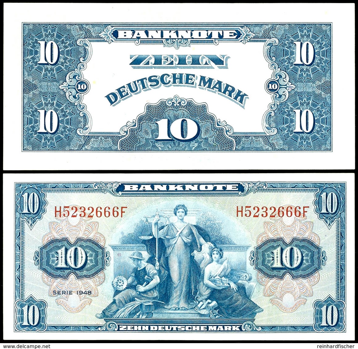 10 Deutsche Mark, Banknote, 1948, H 5232666F, Ro. 238, Erhaltung I-II., Katalog: Ro.238 I-II - Autres & Non Classés