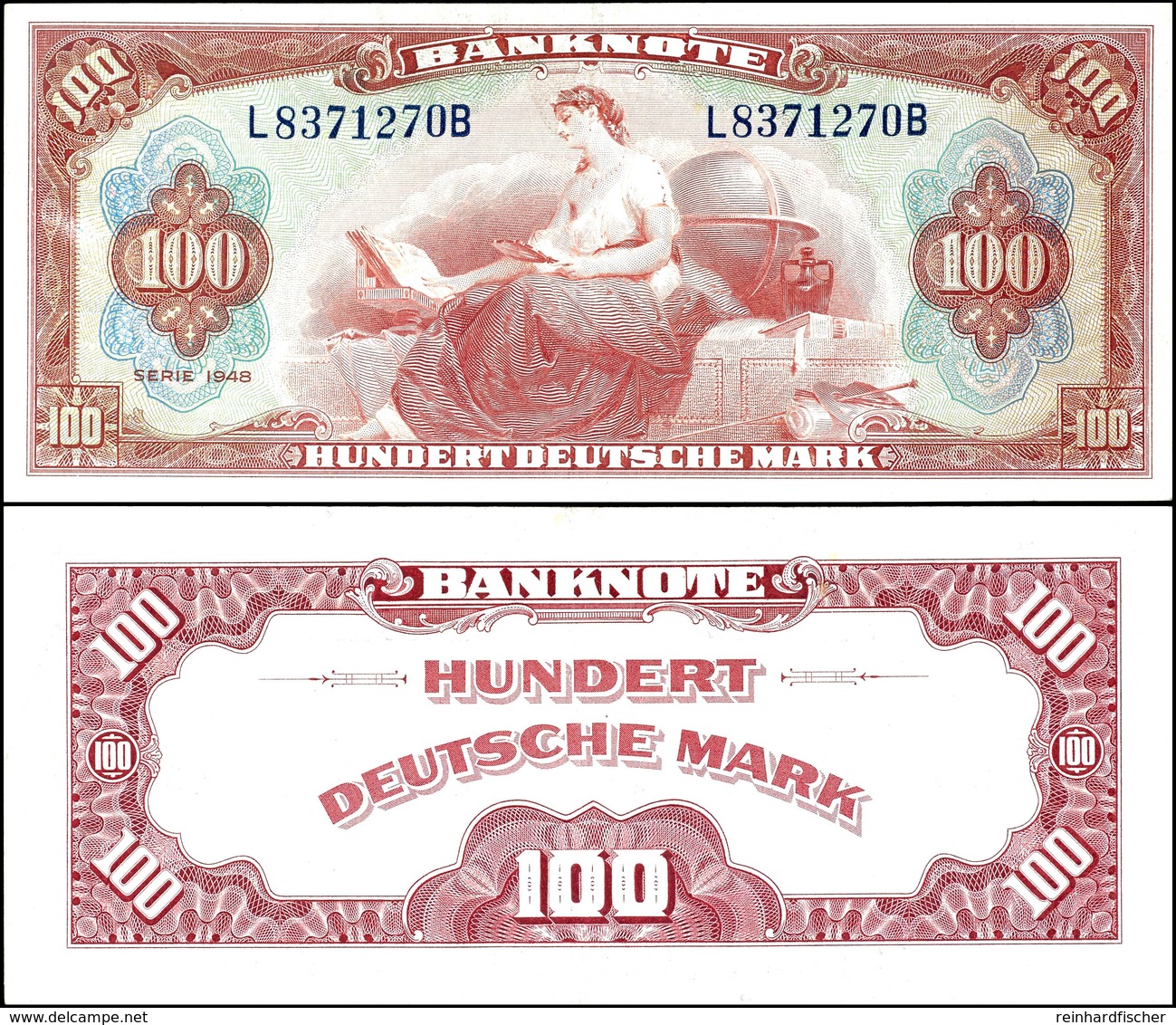 100 Deutsche Mark, 1948, Roter Hunderter, L 8371270 B, Ro. 244, Leichte Gebrauchsspuren, Ein Senkrechter Knick Mittig, E - Other & Unclassified