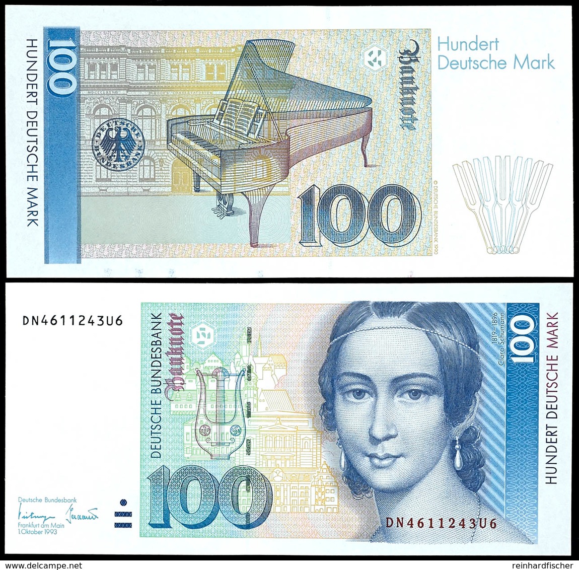 100 Deutsche Mark, Bundesbanknote, 1.10.1993, Serie DN4611243U6, Ro. 306 A, Minimaler Bug Mitte Oben, Erhaltung I-II., K - Sonstige & Ohne Zuordnung