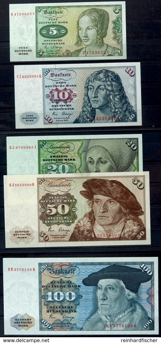 5x Bundesbanknote Mit 5, 10, 20, 50 Und 100 Mark, 2.1.1980, Serie BBk IA (Gemäldeserie), 5 Mark Serie B4769622U, 10 Mark - Sonstige & Ohne Zuordnung