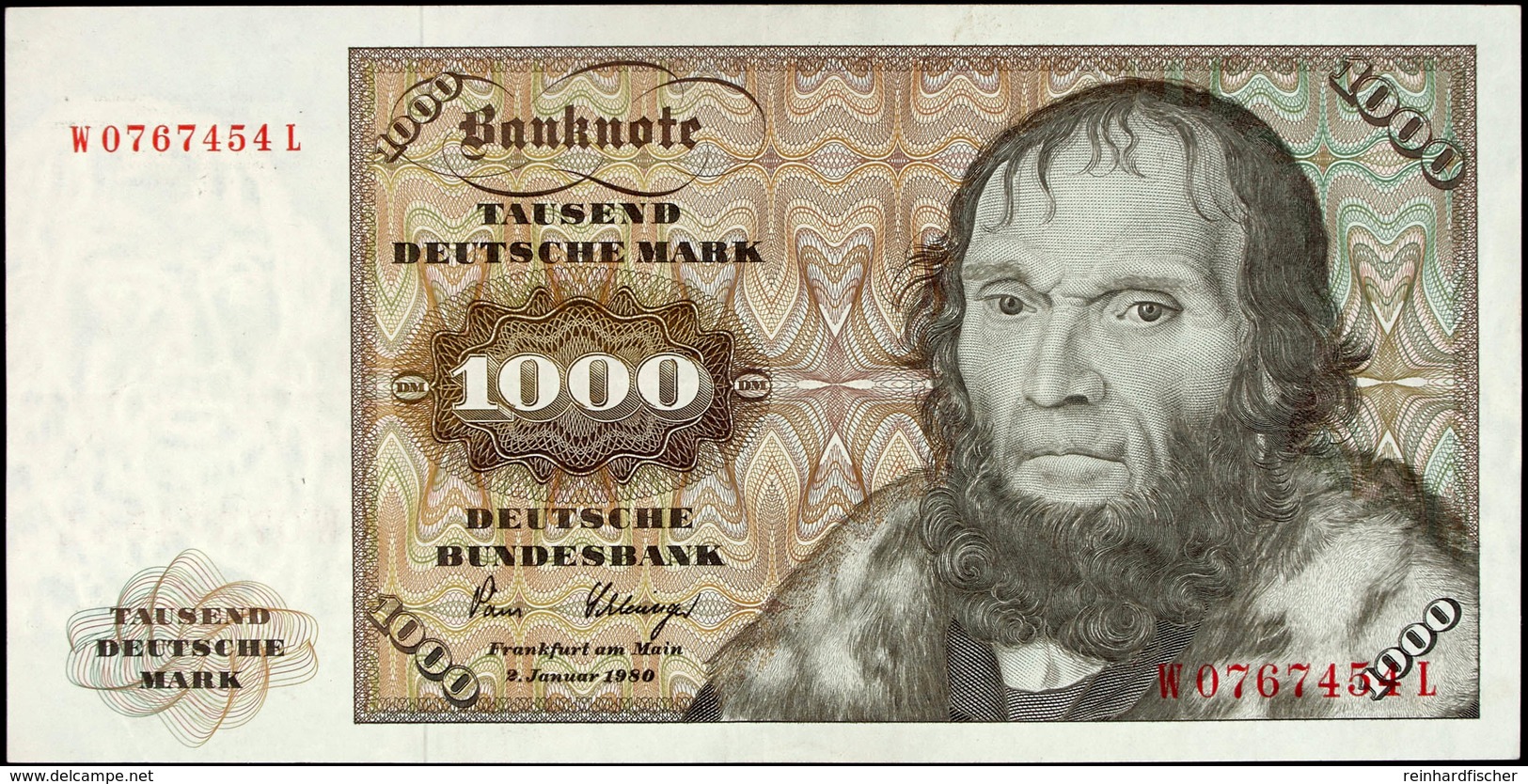 1000 Deutsche Mark, 2.1.1980, Bundesbanknote, Serie W 0767454 L, Ro. BRD-35a, Leichte Faltspuren Waagerecht Und Senkrech - Sonstige & Ohne Zuordnung