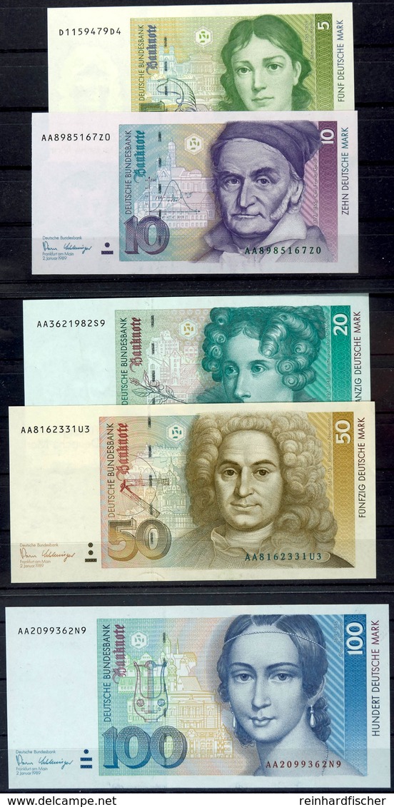 5x Bundesbanknote Mit 5, 10, 20, 50 Und 100 Mark, 2.1.1989 Und 1.8.1991, Serie BBk III 1989 Und 1991 (Persönlichkeitsser - Altri & Non Classificati