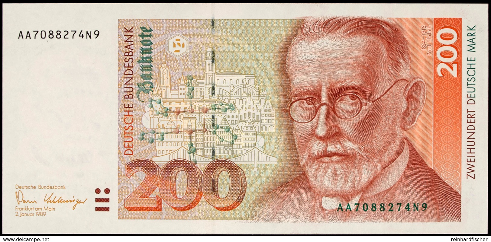 200 Deutsche Mark, Bundesbanknote, 2.1.1989, Serie AA7088274N9, Ro. BRD-39a, Erhaltung I., Katalog: BRD-39a I - Sonstige & Ohne Zuordnung