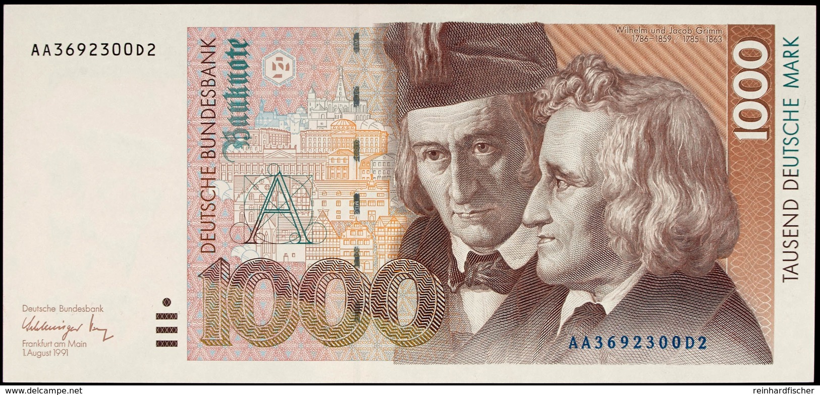 1000 Deutsche Mark, Bundesbanknote, 1.8.1991, Serie AA3692300D2, Ro. BRD-46a, Erhaltung I., Katalog: Ro.BRD-46a I - Sonstige & Ohne Zuordnung