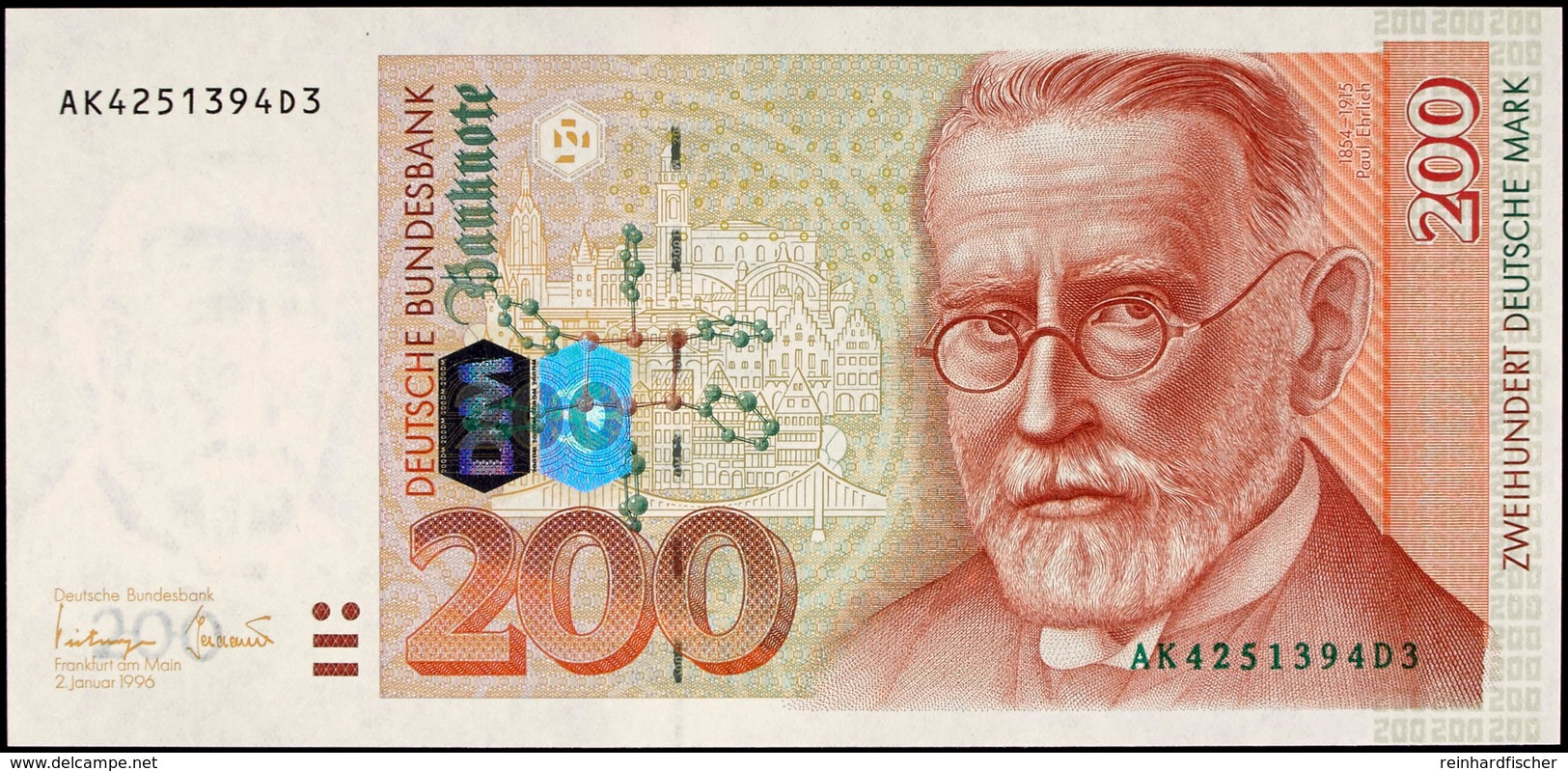 200 Deutsche Mark, Bundesbanknote, 2.1.1996, Serie AK4251394D3, Ro. BRD-55a, Erhaltung I., Katalog: BRD-55a I - Sonstige & Ohne Zuordnung