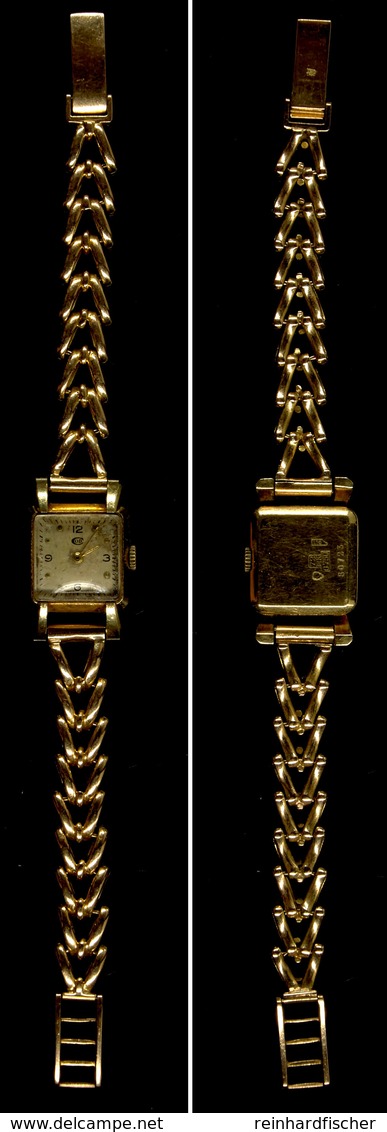 Damen Armbanduhr Von La Chaux-de-Fonds, Schweiz, Art Déco, Ca. 16 X 16mm, 18 K Gelbgold, Gehäuse Seitlich "Helvetia" Pun - Other & Unclassified