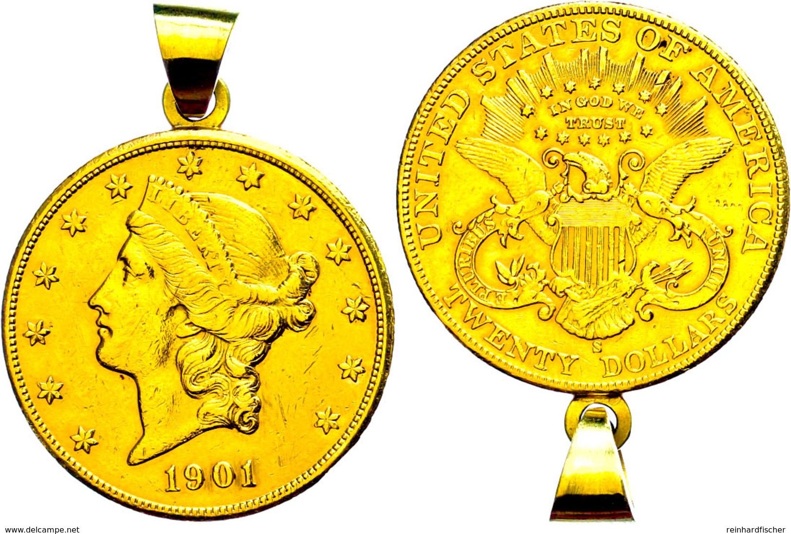 Medaillon, 20 Dollars, Gold, 1901, Liberty Head, Mit Öse Aus 18 Karat Gold Punziert, Gewicht Mit Öse 35,40g, Randfehler, - Other & Unclassified