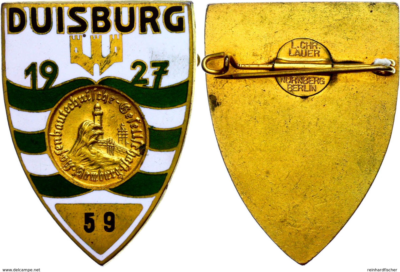 Abzeichen "Duisburg 1927" Mit Nummer 59, Mit Eingelegter Medaille "Hafenbautechnische Gesellschaft Hamburg", Emailliert, - Altri & Non Classificati