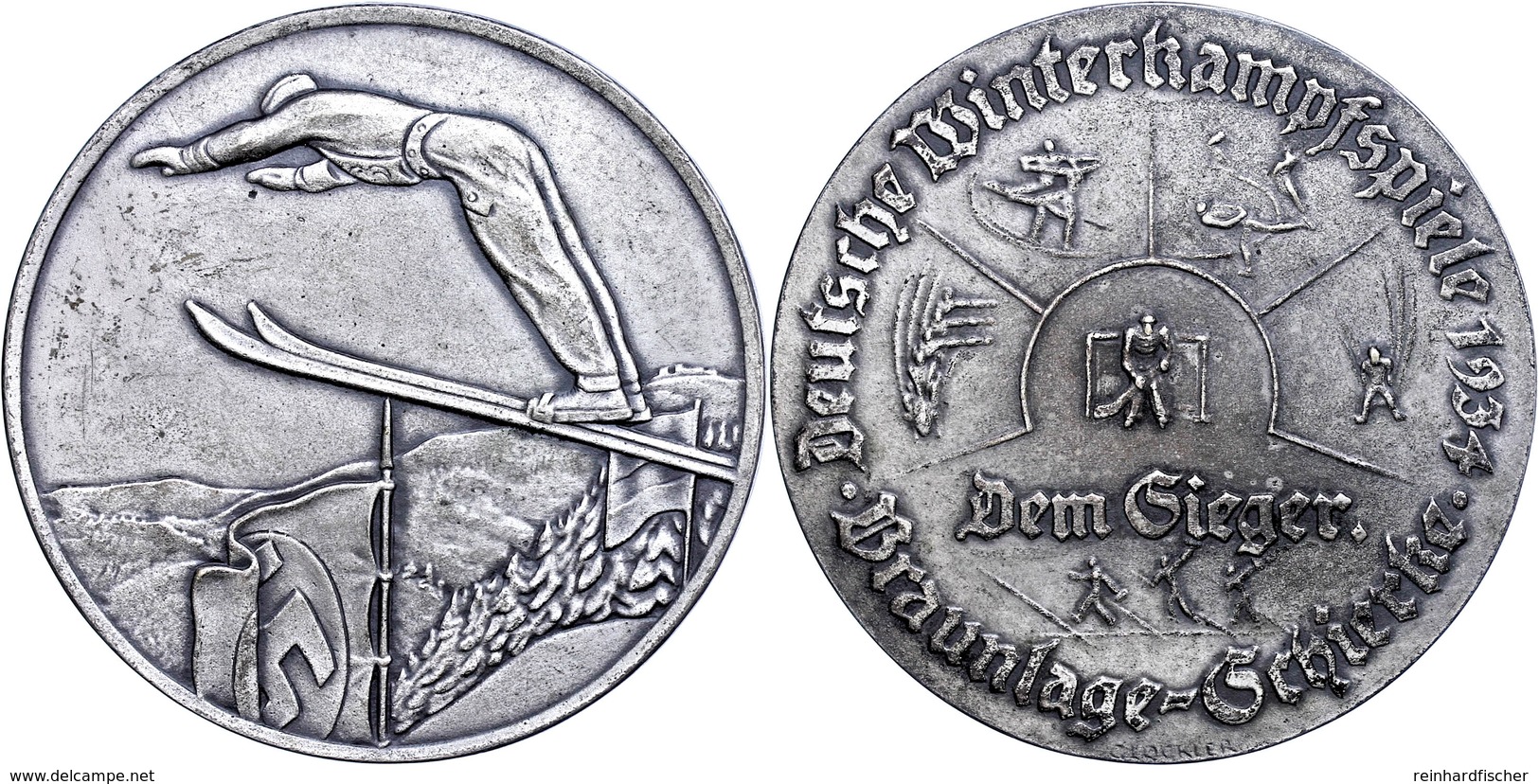 Siegermedaille 1934, Bronze Versilbert, "Deutsche Winterkampfspiele 1934 - Dem Sieger - Braunlage-Schierke", Von Glöckle - Other & Unclassified