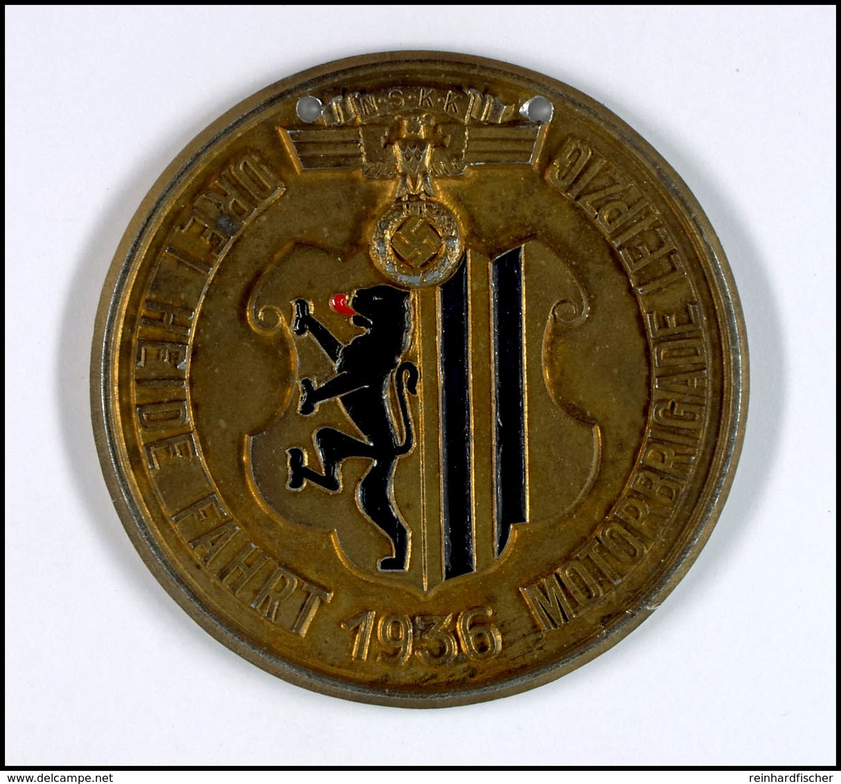 NSKK, Plakette Aluminium Vergoldet, 1936, "Drei Heide Fahrt Motorbrigade Leipzig 1936", Von Wilh. Helbing/Leipzig W33, 3 - Altri & Non Classificati