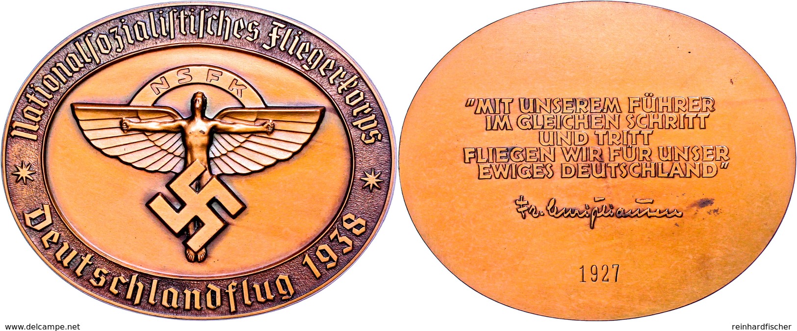 NSFK Bronzeplakette "Deutschlandflug 1938", Mit Schrift Auf Rückseite, Verleihungsnummer 1927, 69,86 G, 95x75 Mm, Dabei  - Autres & Non Classés